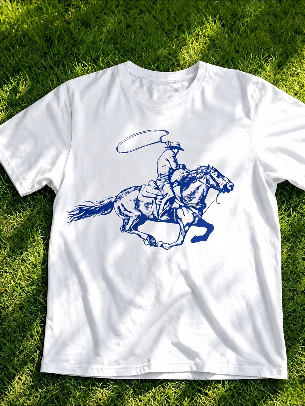 White unisex T-shirt with cowboy and horse design